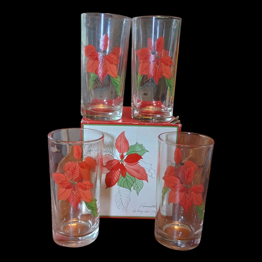 Block Crisal Portugal Watercolor Poinsettia Set/4 Tall Highball Glasses